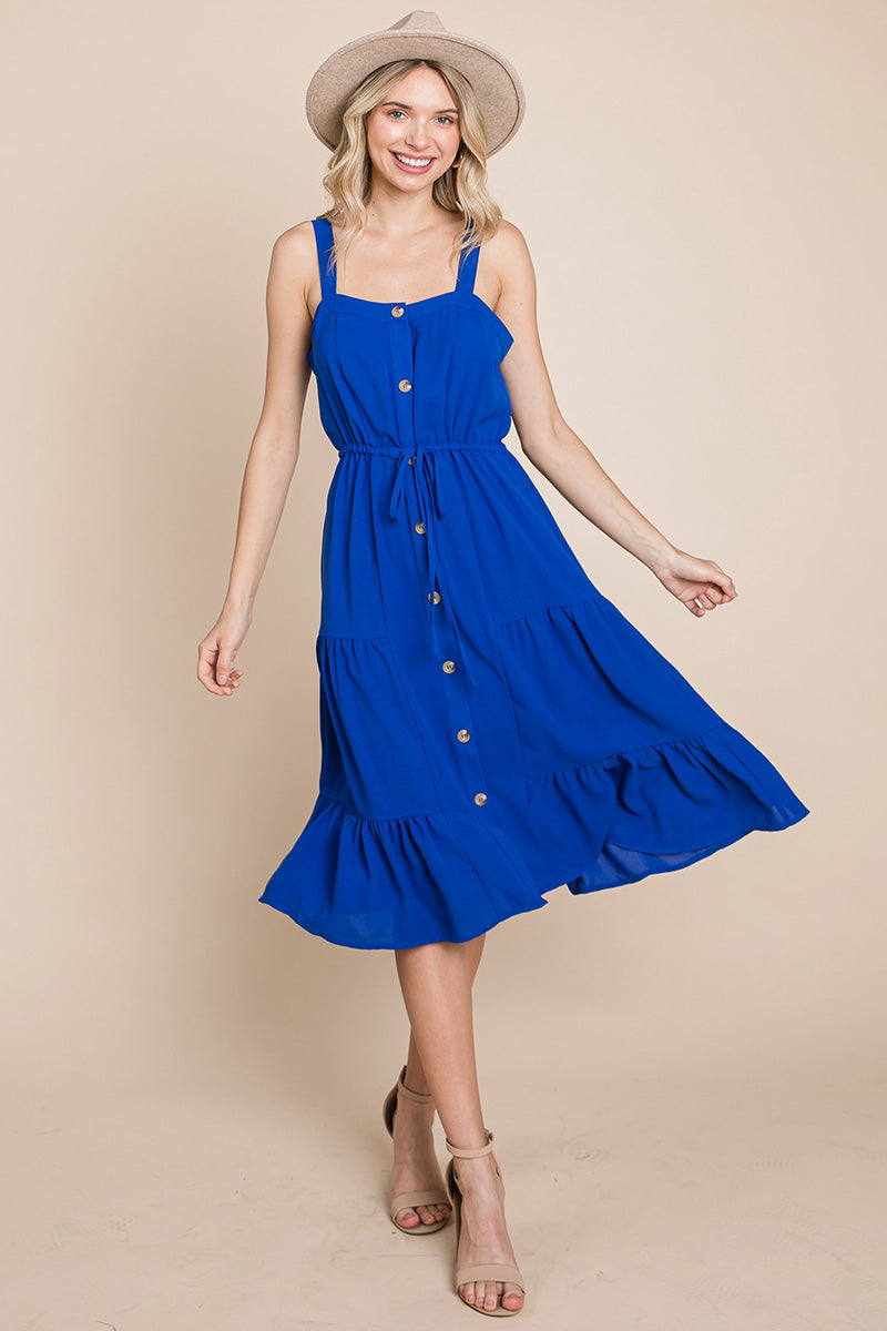 Tiered Square Neck Ruffled Button Midi Sundresses