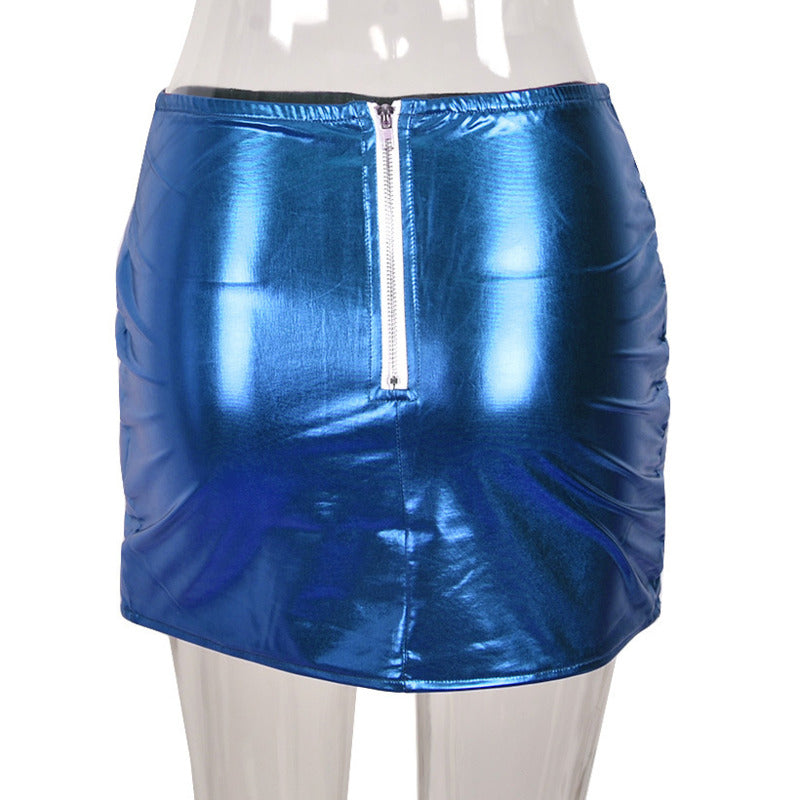 Blue Women's Puffer Skirts Metallic Shiny Quilted Mini A-line Skirt