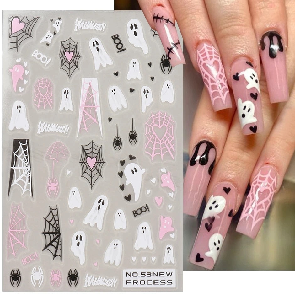 Halloween 3D Ghost Face Fire Nail Sticker Autumn Leaves Snowman Design Spider Pumpkin Christmas Nail Sliders Manicure Decals Diy