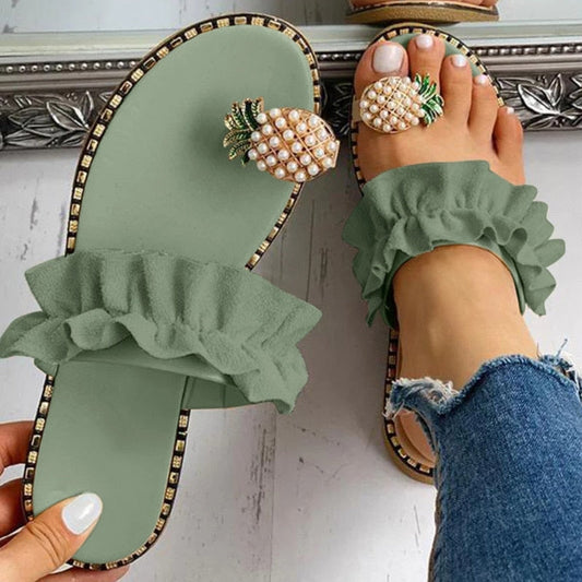 Pineapple Pearl Beach Slides Flat Toe Casual Womens Slippers