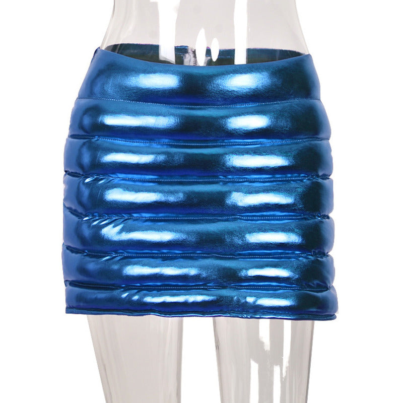 Blue Women's Puffer Skirts Metallic Shiny Quilted Mini A-line Skirt