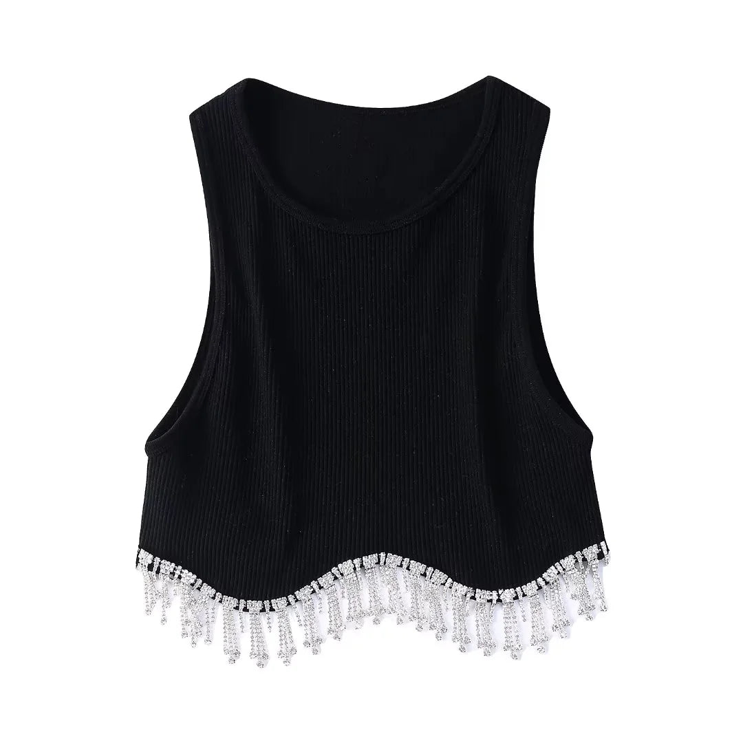 Beading Trimmed Glitter Sexy Party Slim Black White Tank Top