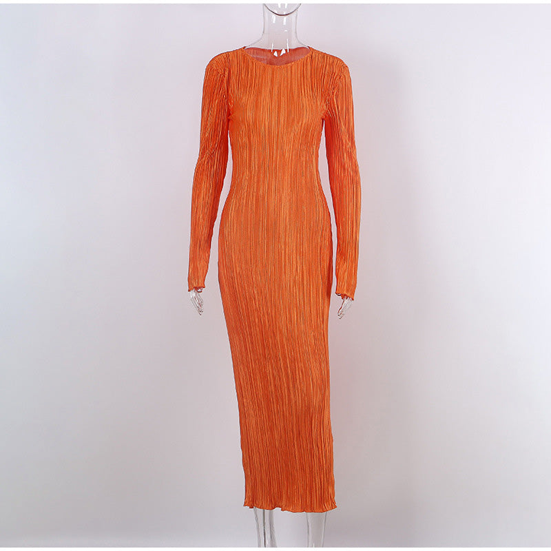 Pleated Dresses O-Neck Slim Long Sleeve Bodycon Midi Dress