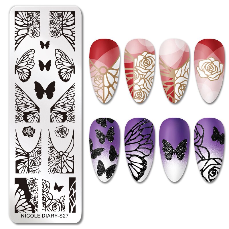 NICOLE DIARY Halloween Nail Art Stamping Plate Drawing Template Butterfly Heart Wave Line Image Stencil Mold Nail Printing Tools