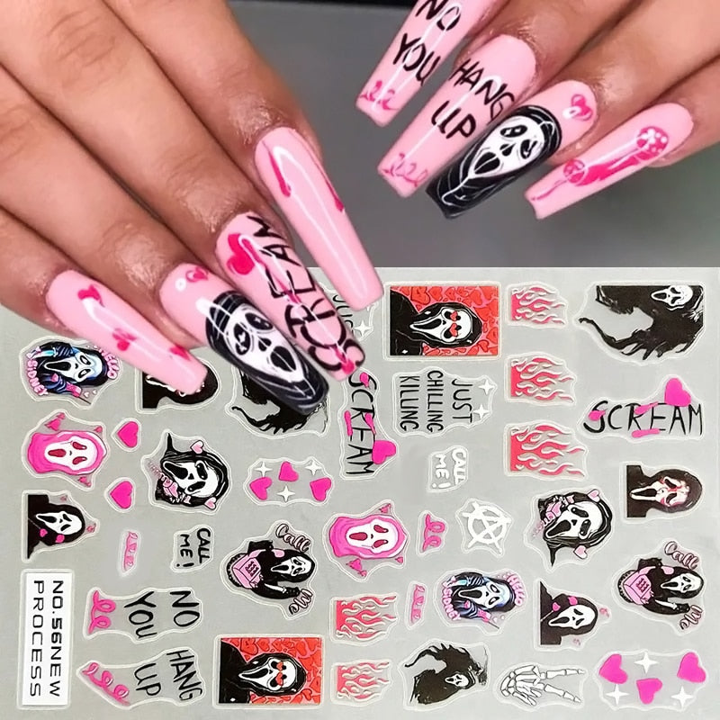 Halloween 3D Ghost Face Fire Nail Sticker Autumn Leaves Snowman Design Spider Pumpkin Christmas Nail Sliders Manicure Decals Diy