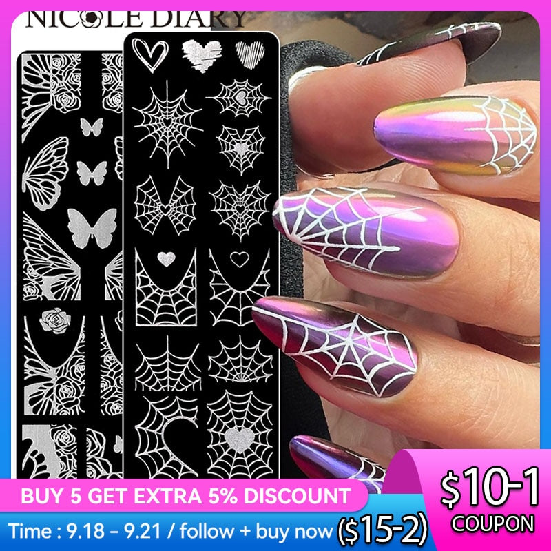 NICOLE DIARY Halloween Nail Art Stamping Plate Drawing Template Butterfly Heart Wave Line Image Stencil Mold Nail Printing Tools