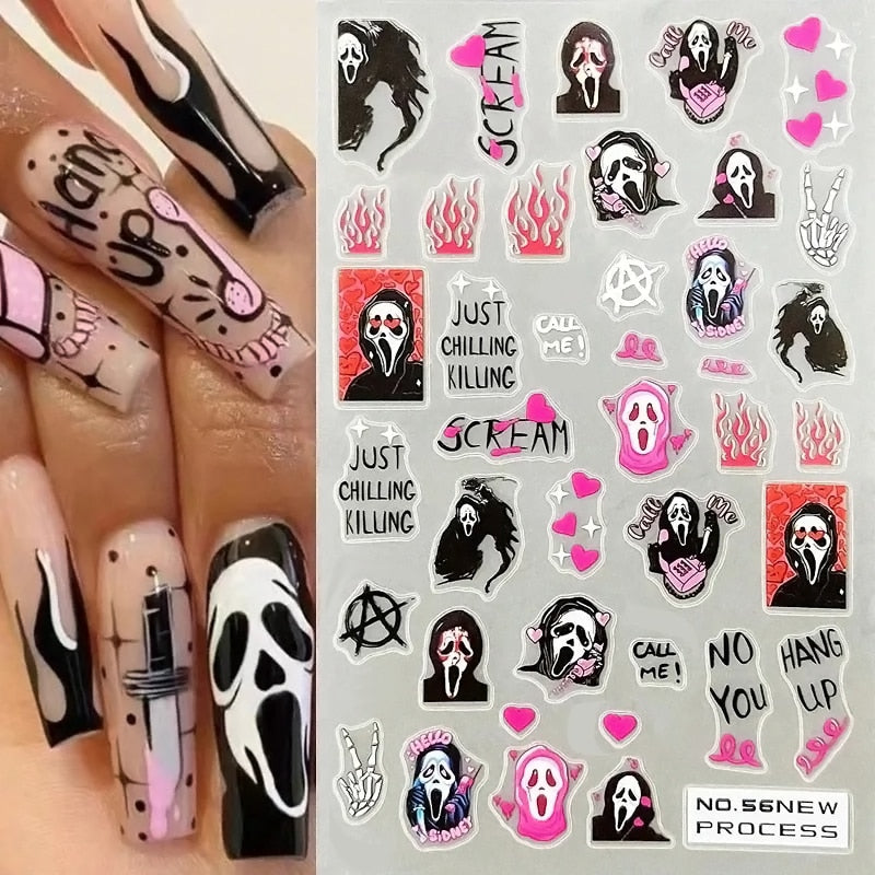 Halloween 3D Ghost Face Fire Nail Sticker Autumn Leaves Snowman Design Spider Pumpkin Christmas Nail Sliders Manicure Decals Diy