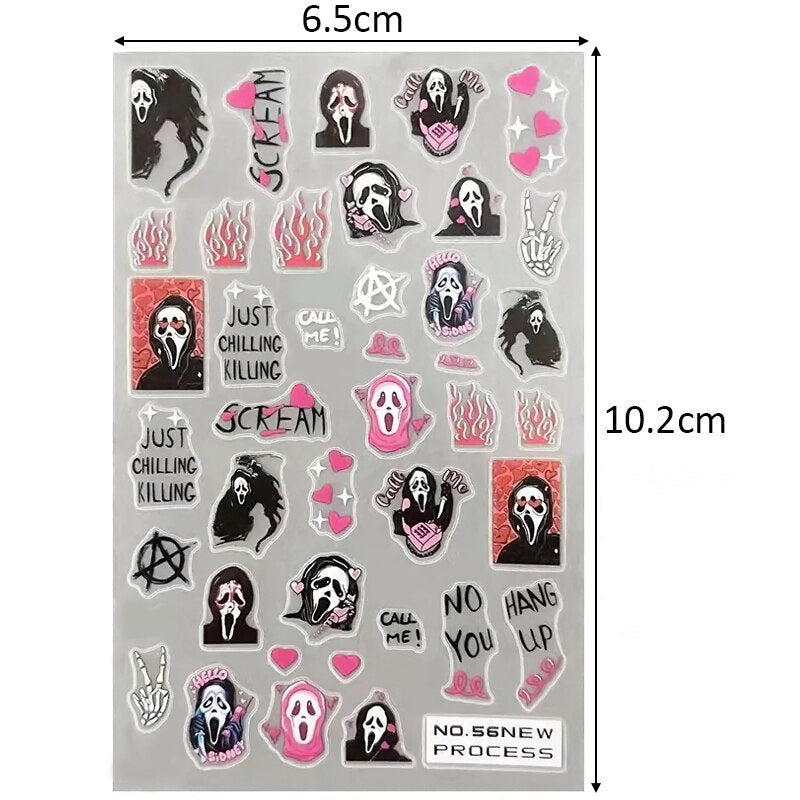 Halloween 3D Ghost Face Fire Nail Sticker Autumn Leaves Snowman Design Spider Pumpkin Christmas Nail Sliders Manicure Decals Diy