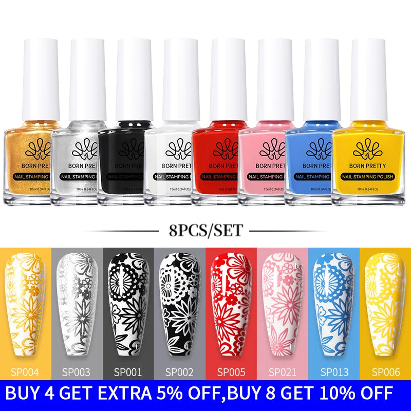 BORN PRETTY 10ml Stamping Nail Polish Set Gold Silver Black White Color Nail Printing Polish DIY for Nail Plate Design Varnish