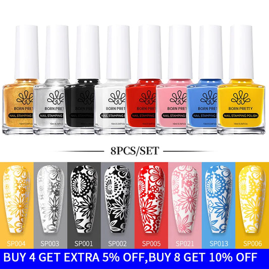 BORN PRETTY 10ml Stamping Nail Polish Set Gold Silver Black White Color Nail Printing Polish DIY for Nail Plate Design Varnish