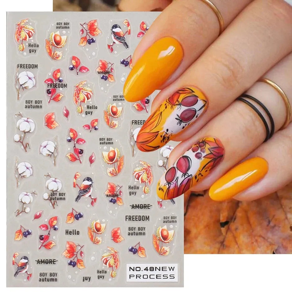 Halloween 3D Ghost Face Fire Nail Sticker Autumn Leaves Snowman Design Spider Pumpkin Christmas Nail Sliders Manicure Decals Diy