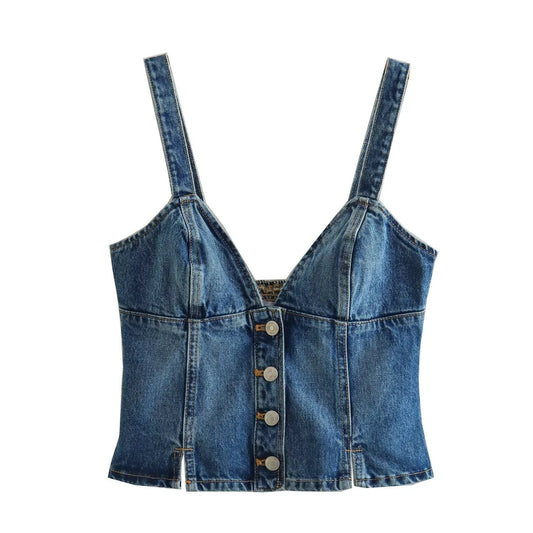 Sexy Spicy Girl Style Sheath Denim Camisole with Single Breasted