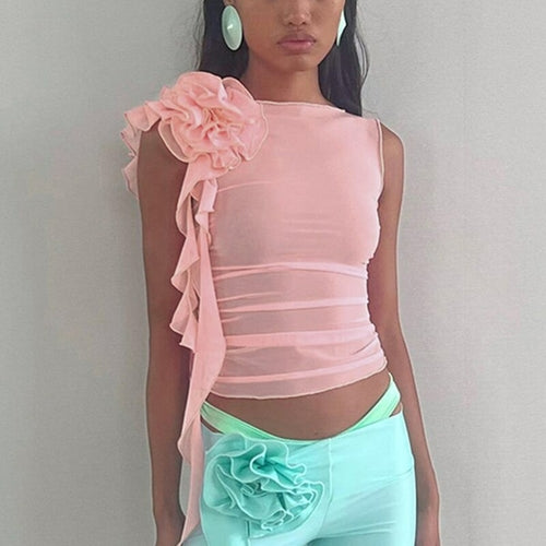 3D Flower Mesh Crop Tops