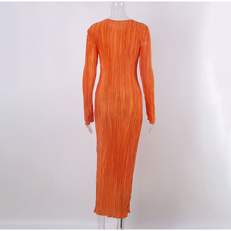 Pleated Dresses O-Neck Slim Long Sleeve Bodycon Midi Dress