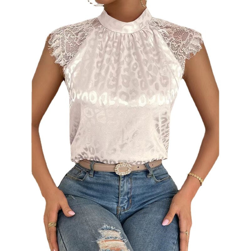 Shirt Stand Collar Loose Sleeveless Lace Blouse