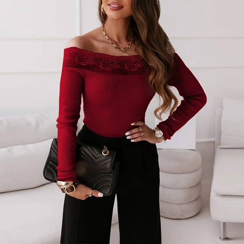 Long Sleeve Rib Knitted Shirt Sexy Patchwork Embroidered Lace Blouse