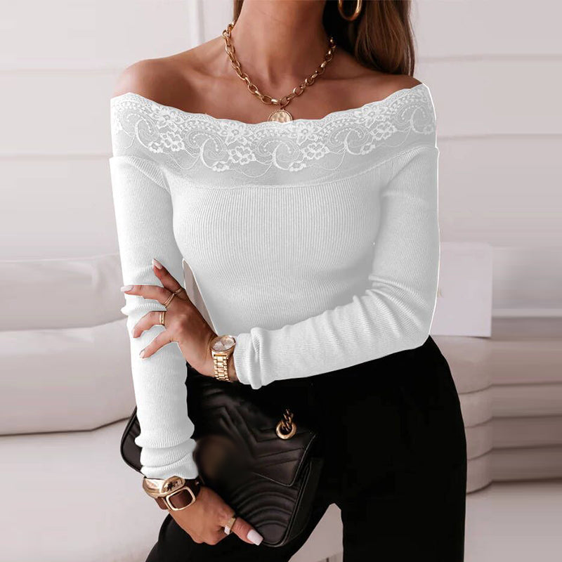 Long Sleeve Rib Knitted Shirt Sexy Patchwork Embroidered Lace Blouse