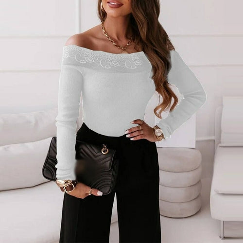 Long Sleeve Rib Knitted Shirt Sexy Patchwork Embroidered Lace Blouse