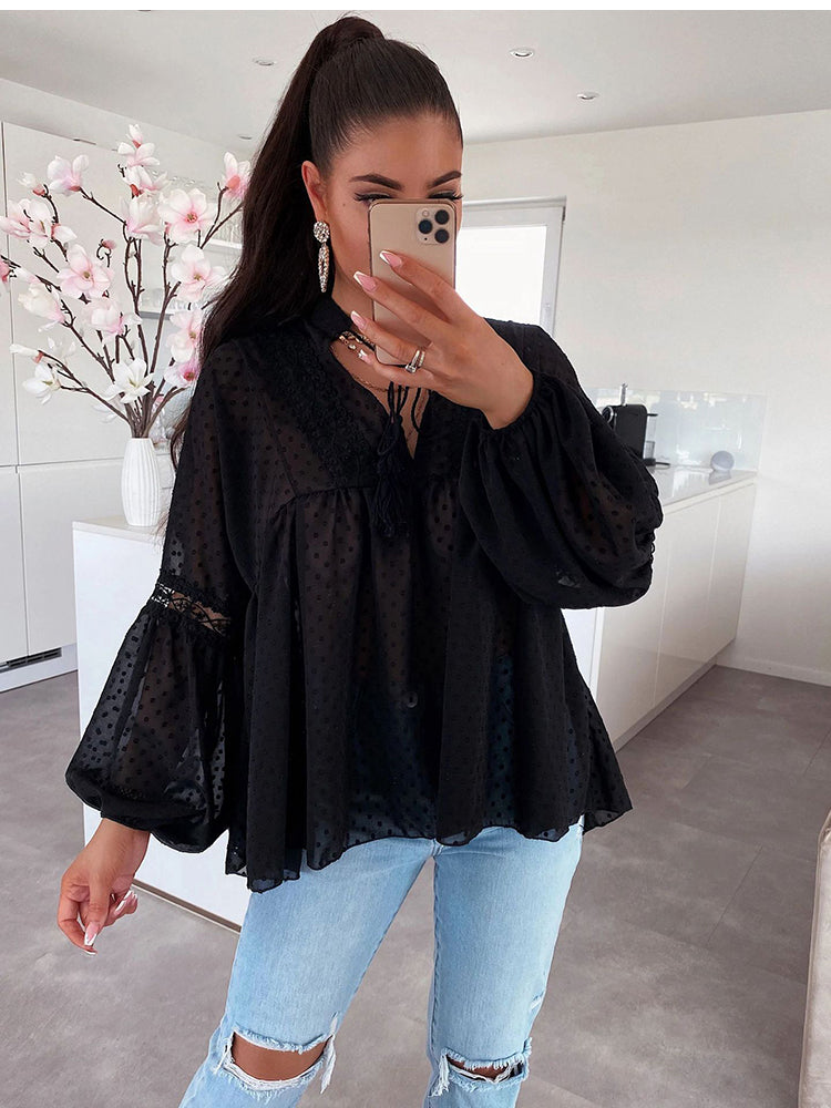 Chiffon Blouse  Patchwork Lace Hollow Out Shirt