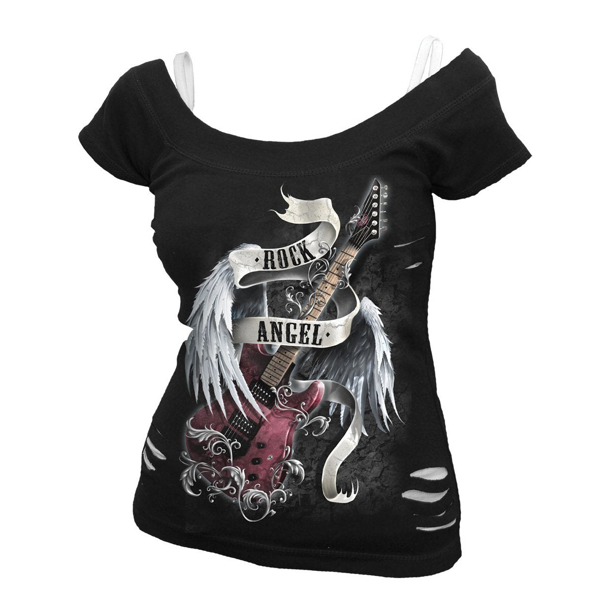 ROCK ANGEL - 2in1 White Ripped Top Black