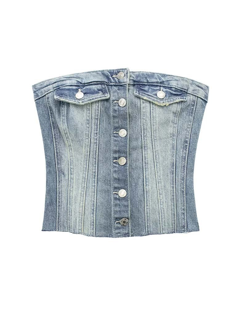 Button-up Denim Corset Crop Top