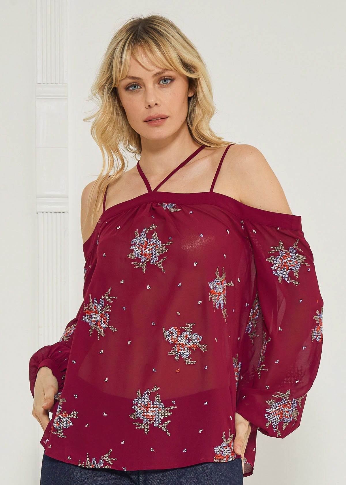 Off Shoulder Embroidery Print Blouse in Burgundy