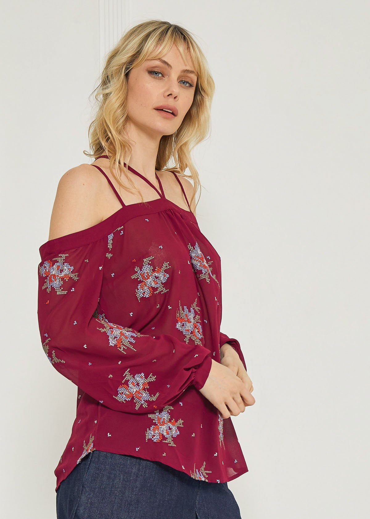 Off Shoulder Embroidery Print Blouse in Burgundy