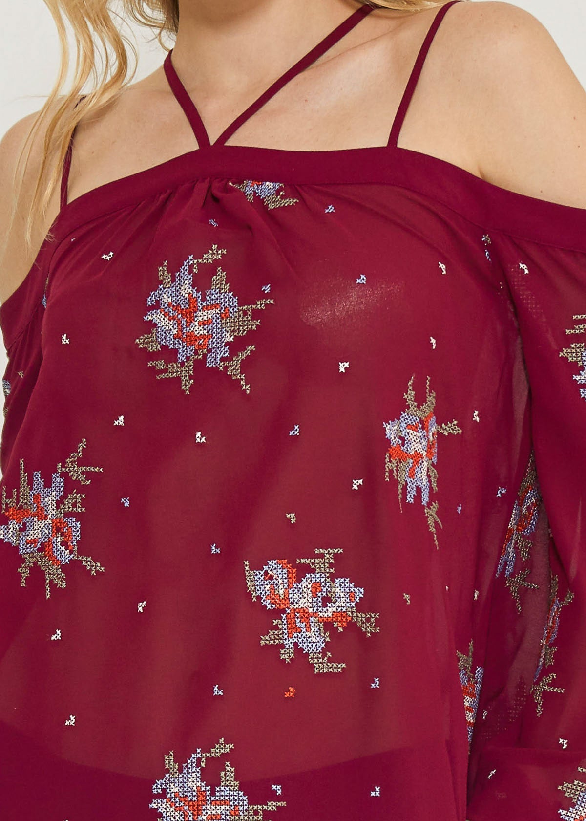 Off Shoulder Embroidery Print Blouse in Burgundy