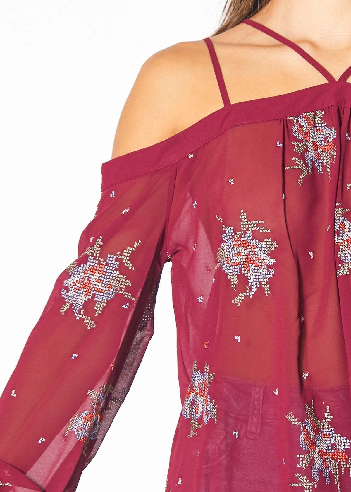 Off Shoulder Embroidery Print Blouse in Burgundy