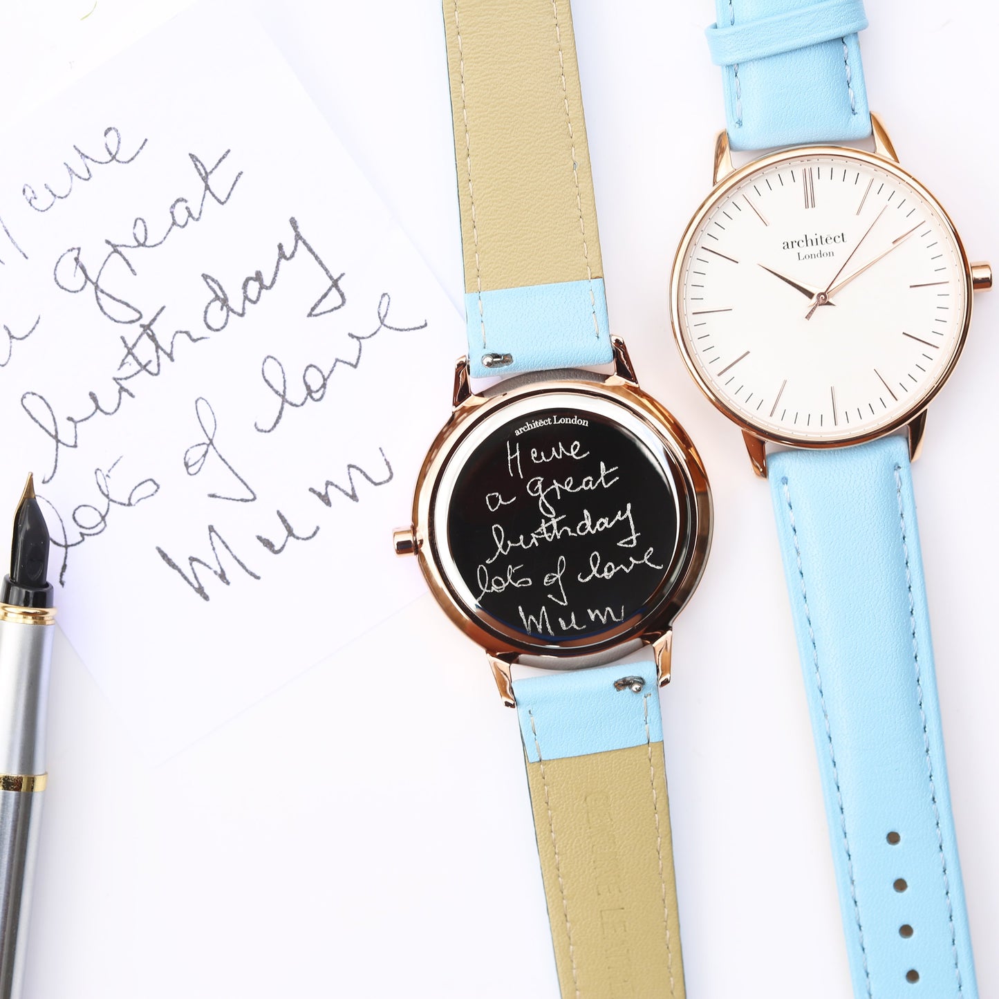 Ladies Architēct Blanc - Handwriting Engraving + Light Blue Strap