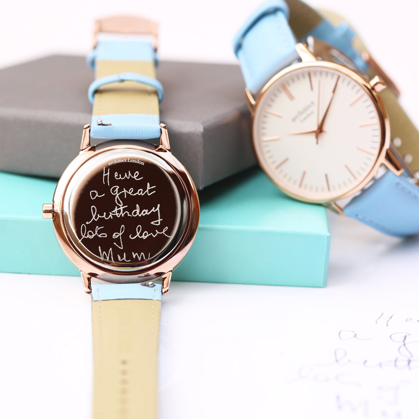 Ladies Architēct Blanc - Handwriting Engraving + Light Blue Strap