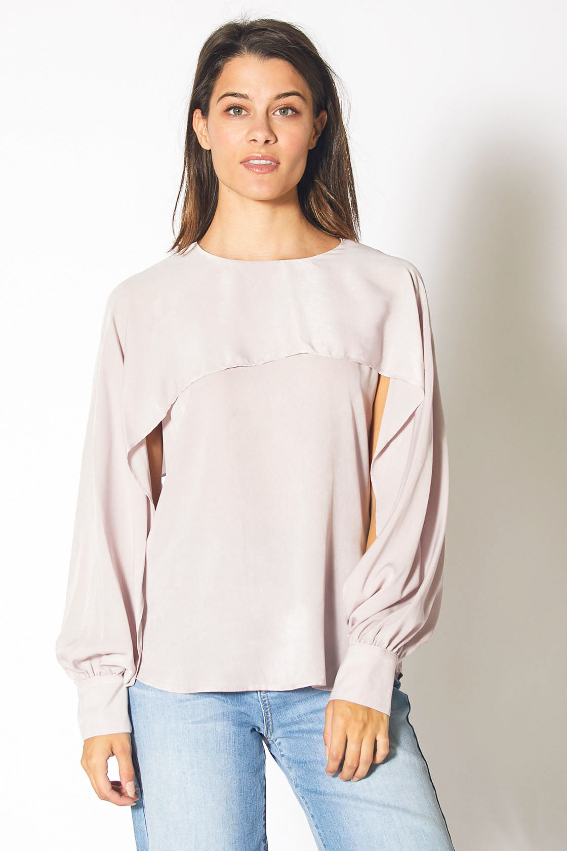 Long Open Sleeve Blouse in Pink Chiffon