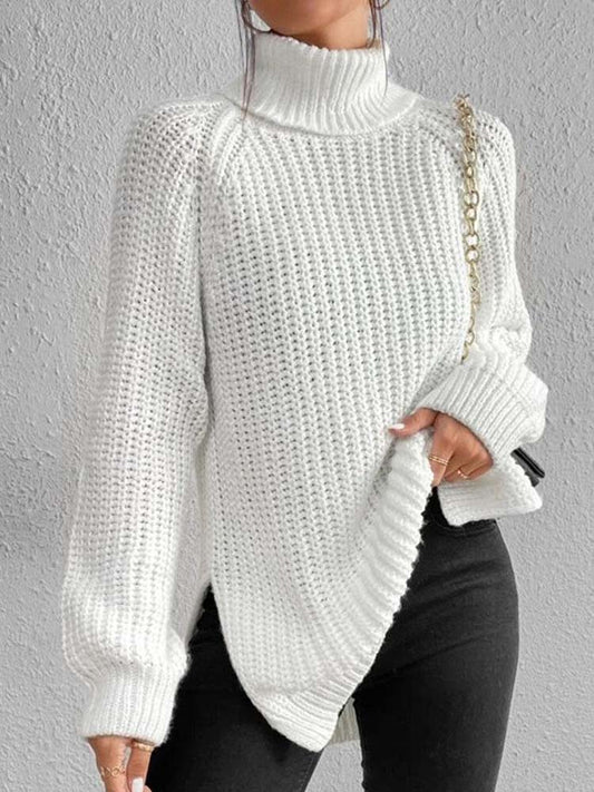 Winter Turtleneck Sweater Women Fashion Solid Color Split Knitted