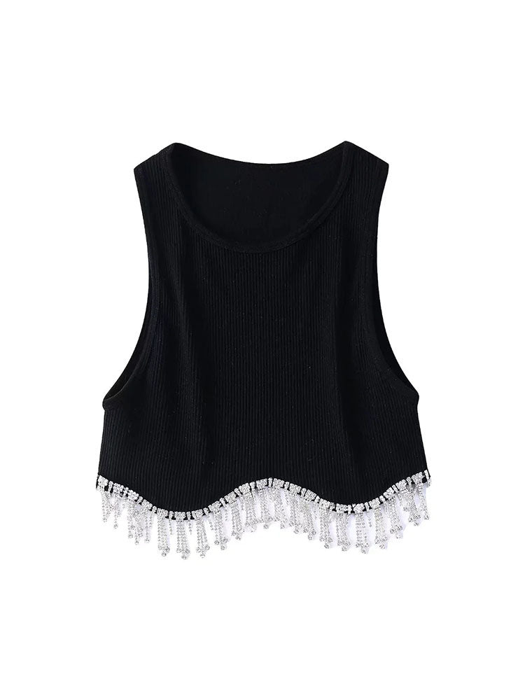 Elegant Solid Irregualr Knitted Tanks Tassel Tanks Crop Top