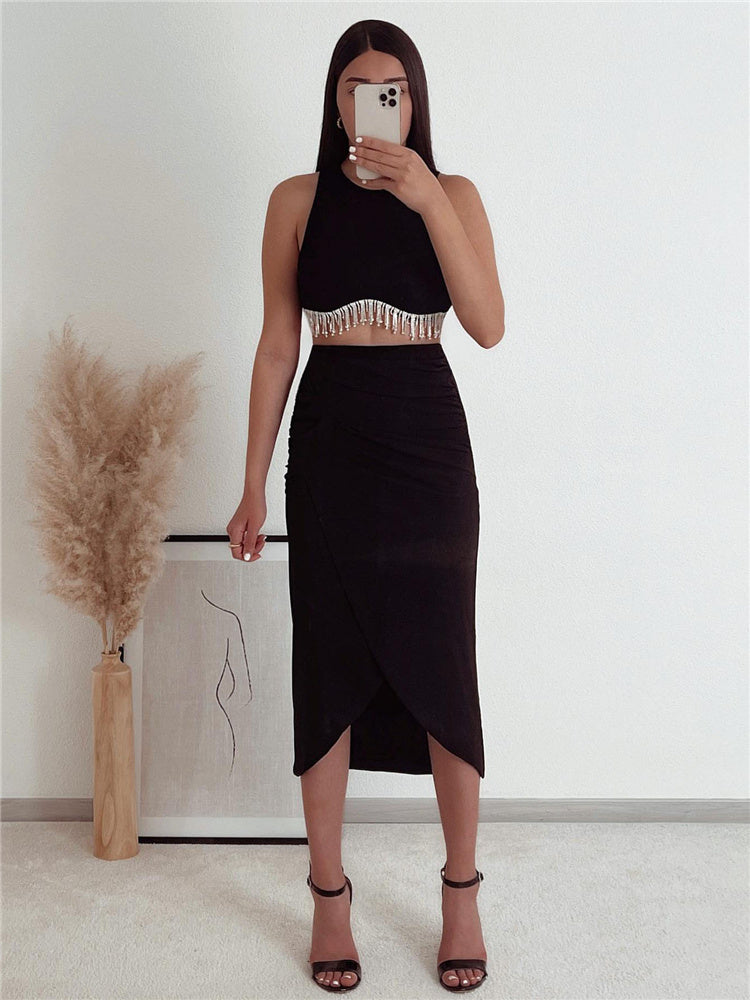 Elegant Solid Irregualr Knitted Tanks Tassel Tanks Crop Top