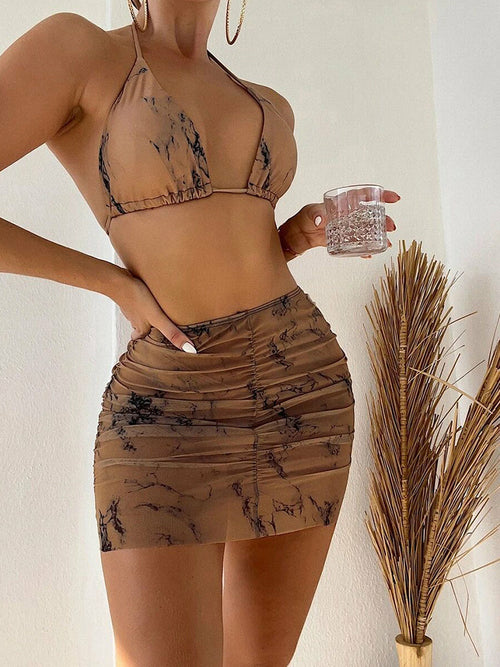 Halter Lace-up Micro Bikini+High Waist Short Skirts Suit