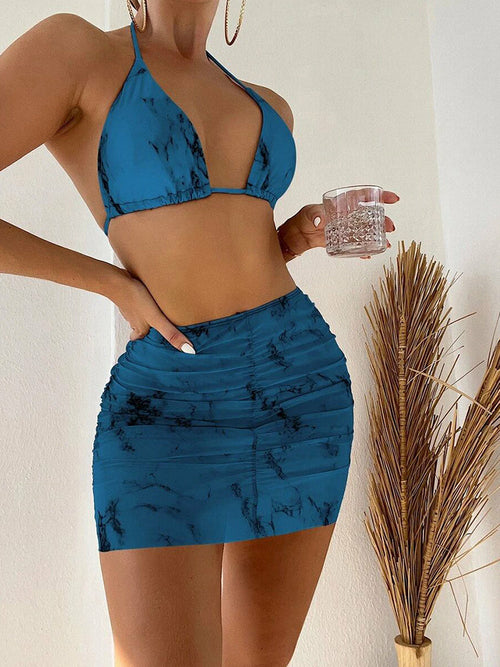 Halter Lace-up Micro Bikini+High Waist Short Skirts Suit