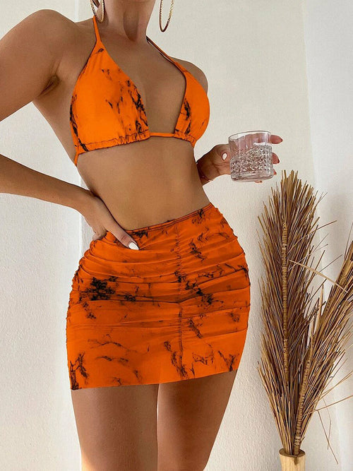 Halter Lace-up Micro Bikini+High Waist Short Skirts Suit