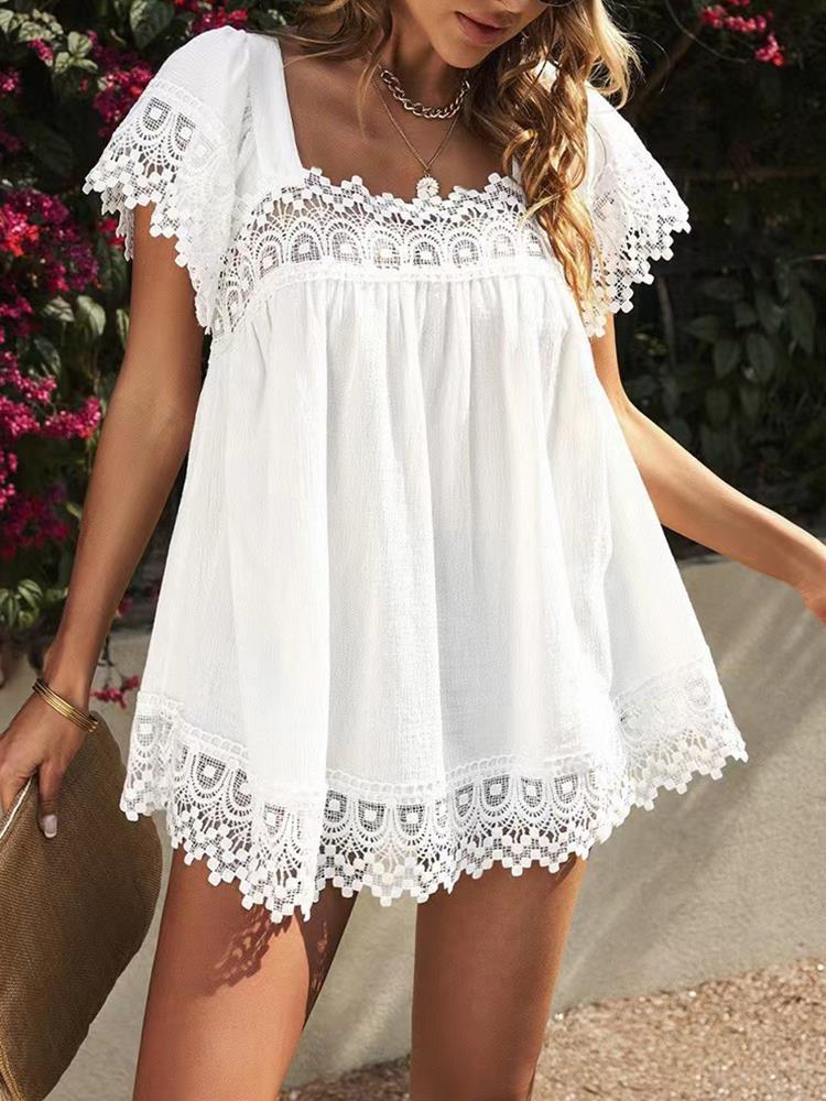 Women's Lace Top Loose Ladies T Shirt All U Neck Short Sleeve Lace Top