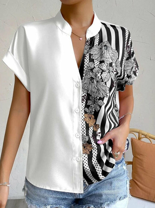 Short Sleeve Printed V-neck Blouse with Buttons