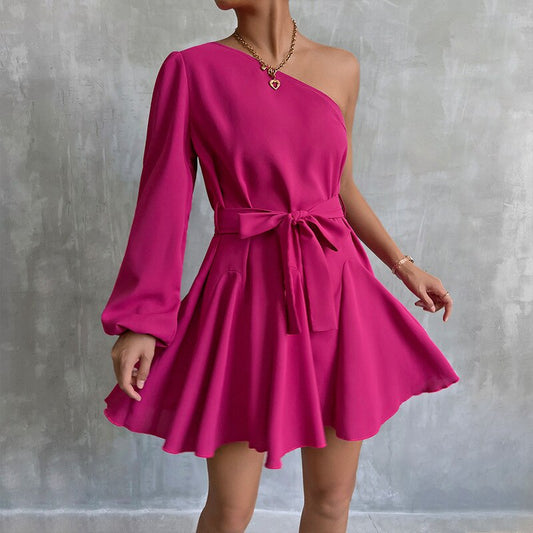 Diagonal Collar Long Sleeve Dresses