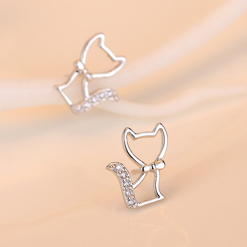 Silver Stud Earrings Butterfly Fox Cat Micro Inlaid Shining