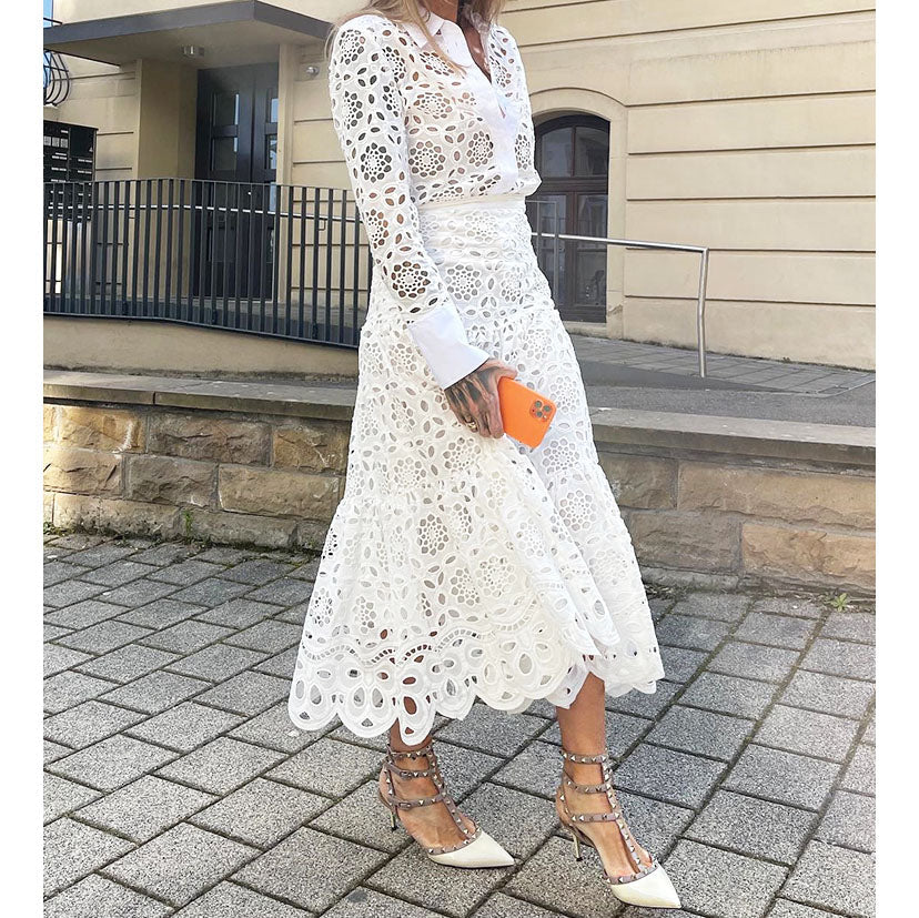 White Lace Dress Set Hollow Out Embrodery Shirt Skirt 2 Pcs Set