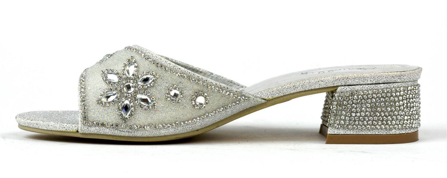 Flower Stone Diamante Block Heel Silver