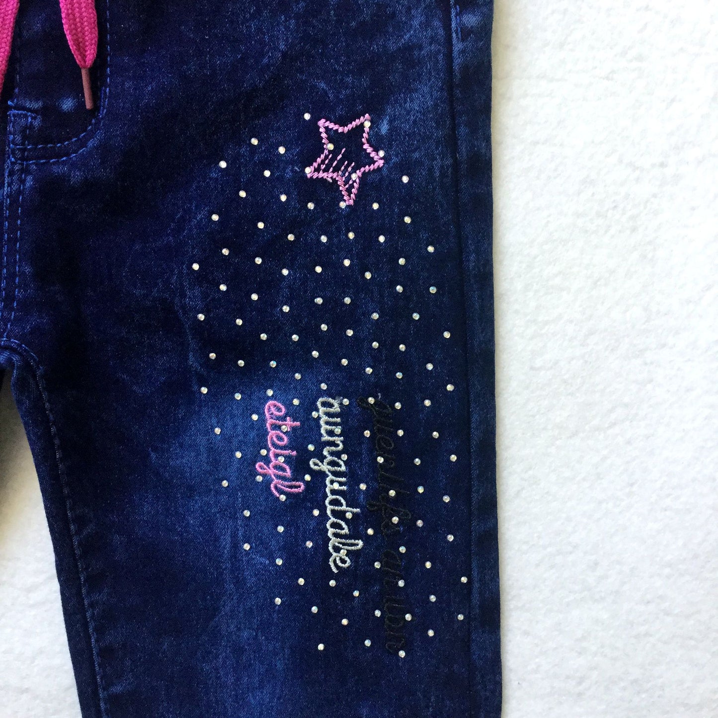 Girls' Ribbed Lace-up Jeans With Hot Diamond Embroidery