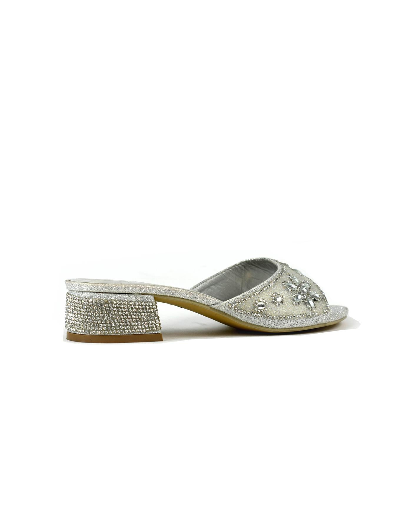 Flower Stone Diamante Block Heel Silver