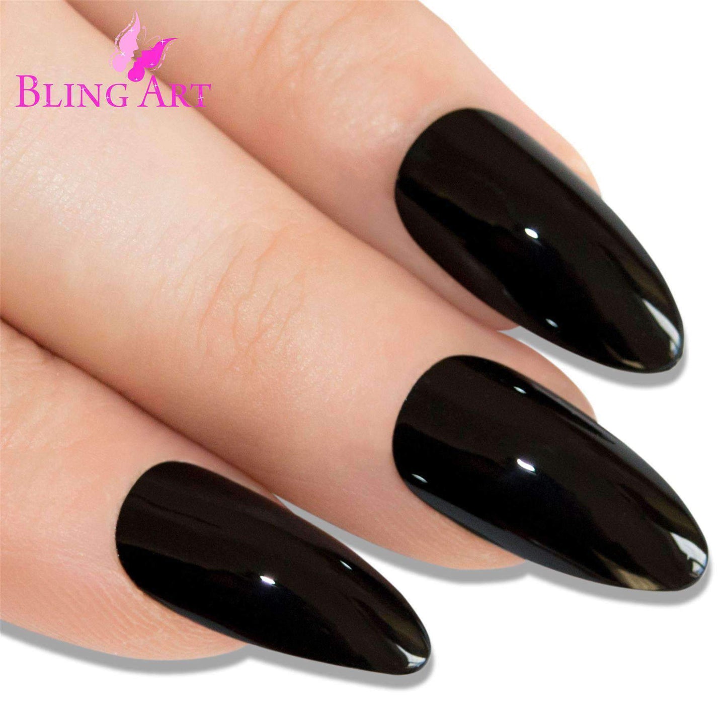 False Nails Bling Art Black Polished Almond Stiletto Long Fake Acrylic