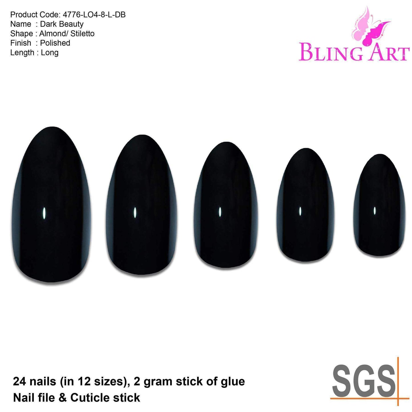 False Nails Bling Art Black Polished Almond Stiletto Long Fake Acrylic