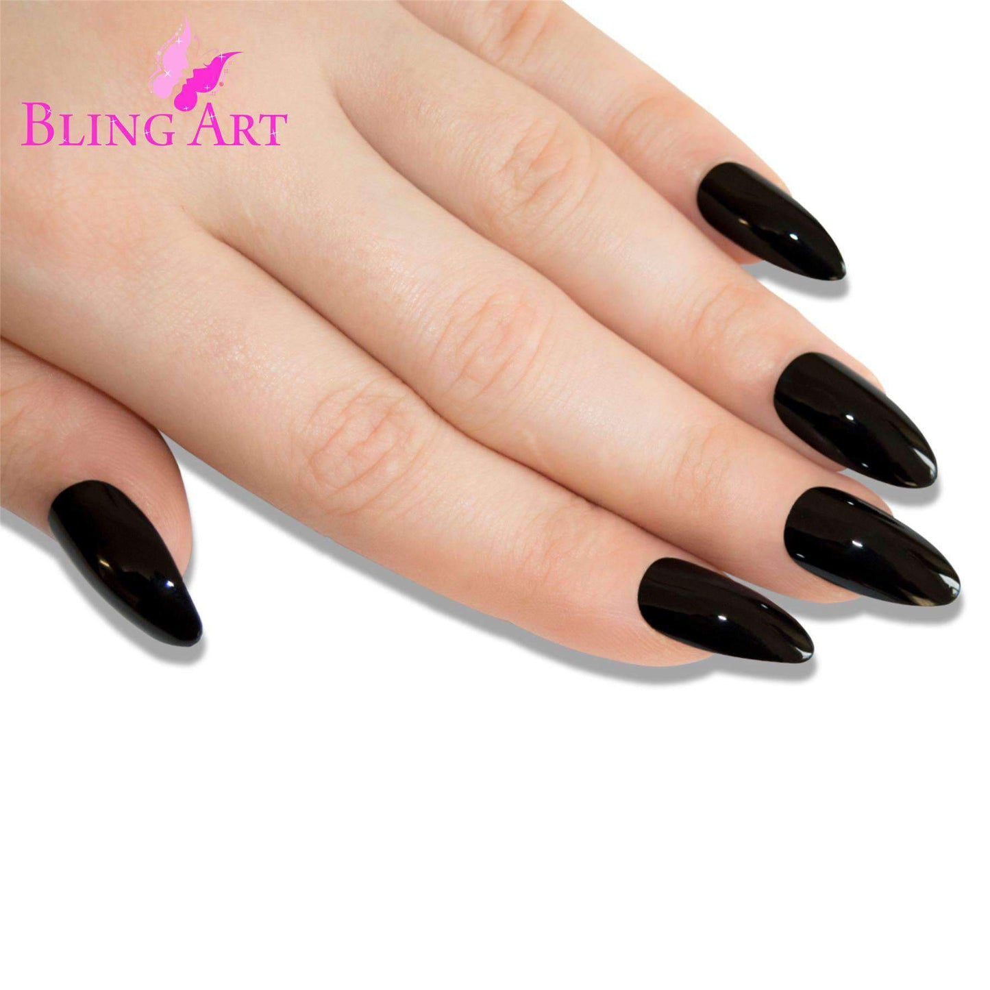 False Nails Bling Art Black Polished Almond Stiletto Long Fake Acrylic