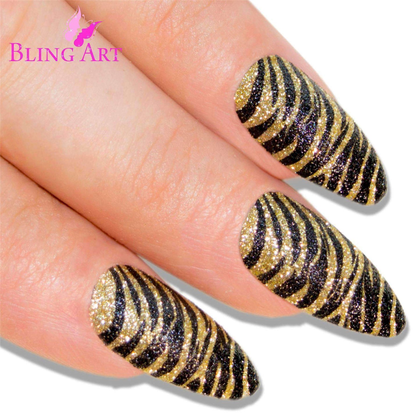 False Nails Bling Art Gold Black Almond Stiletto Long Fake Acrylic